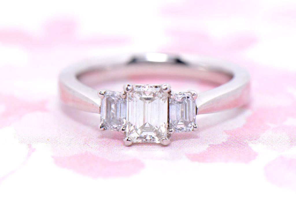 Platinum Emerald Cut Diamond Trilogy ring