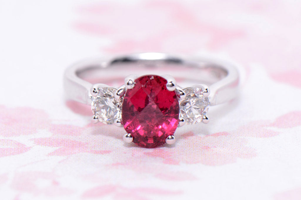 Vivid Pink Tourmaline and Diamond Trilogy Ring