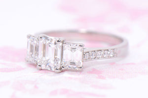 GIA Platinum and Emerald Cut Diamond Trilogy ring