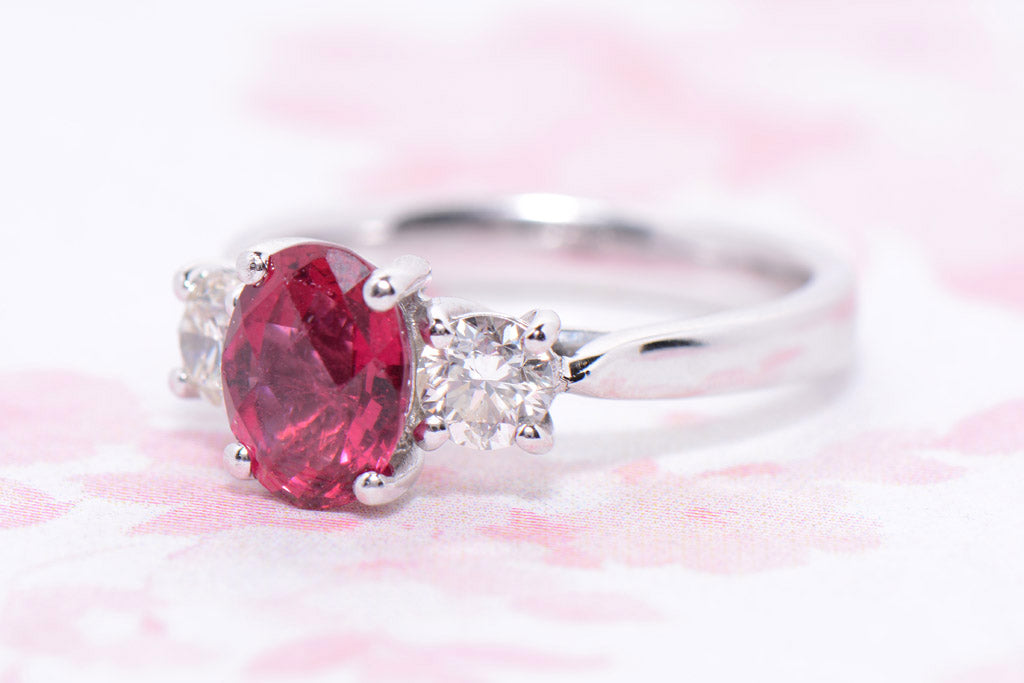 Vivid Pink Tourmaline and Diamond Trilogy Ring