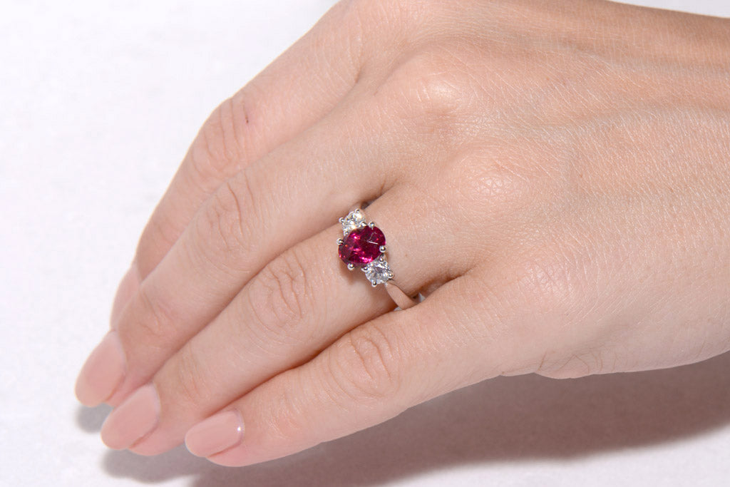 Vivid Pink Tourmaline and Diamond Trilogy Ring