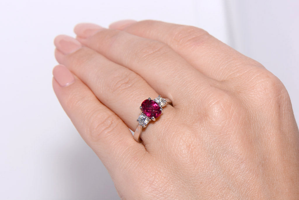 Vivid Pink Tourmaline and Diamond Trilogy Ring