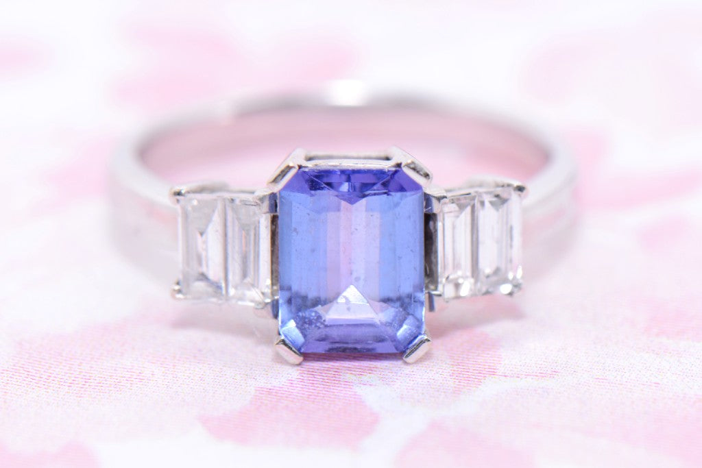 Emerald Cut Tanzanite and Diamond Trilogy Ring