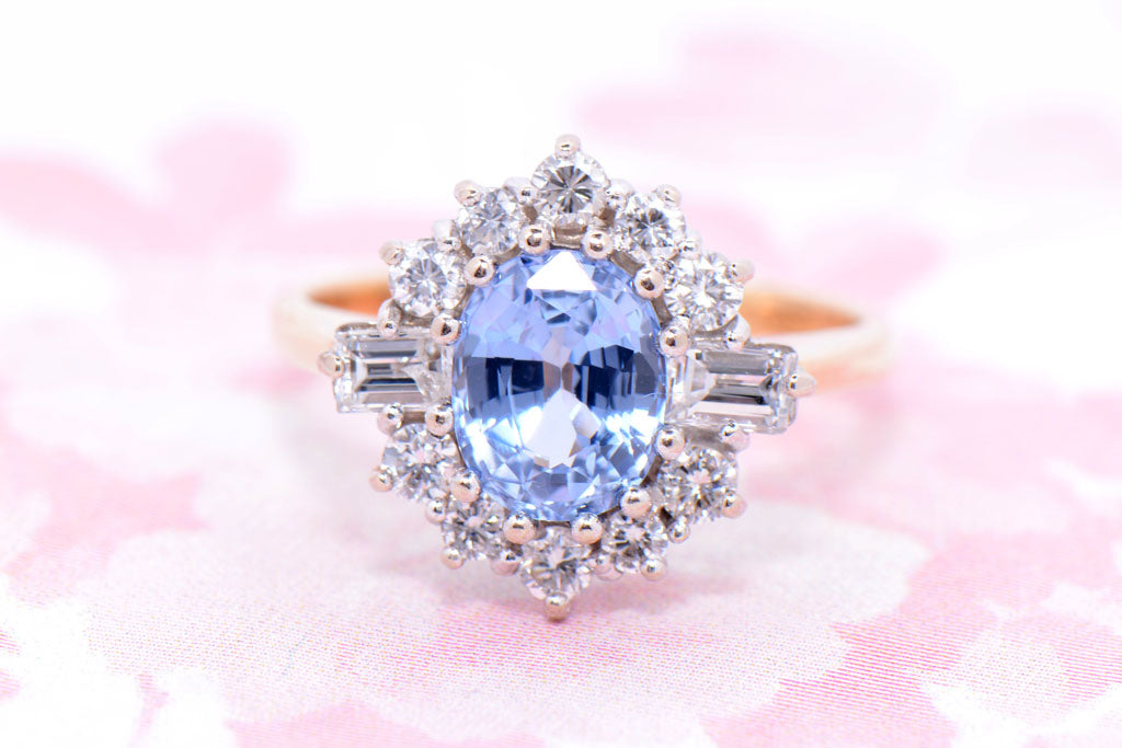 Cornflower blue Sapphire and Diamond cluster ring