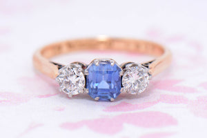 Vintage cornflower blue Sapphire and Diamond trilogy ring