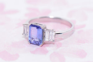 Emerald Cut Tanzanite and Diamond Trilogy Ring