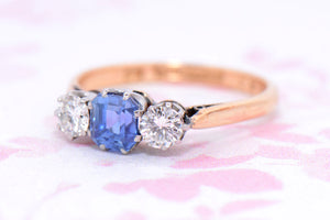 Vintage cornflower blue Sapphire and Diamond trilogy ring