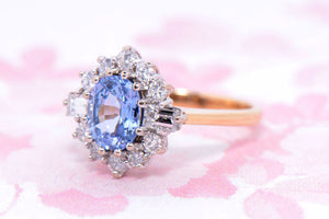 Cornflower blue Sapphire and Diamond cluster ring