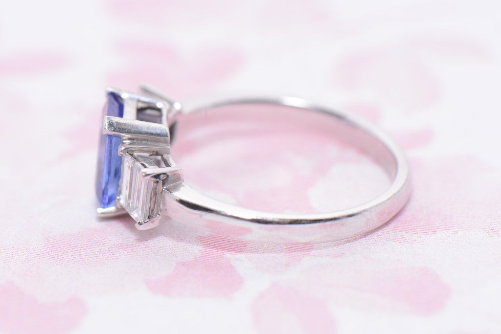 Emerald Cut Tanzanite and Diamond Trilogy Ring