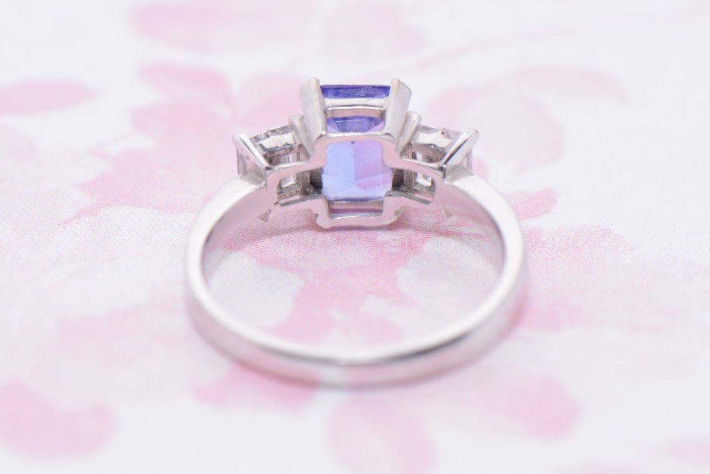 Emerald Cut Tanzanite and Diamond Trilogy Ring