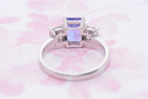 Emerald Cut Tanzanite and Diamond Trilogy Ring