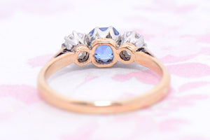 Vintage cornflower blue Sapphire and Diamond trilogy ring