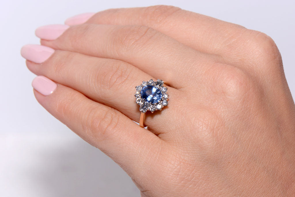 Cornflower blue Sapphire and Diamond cluster ring