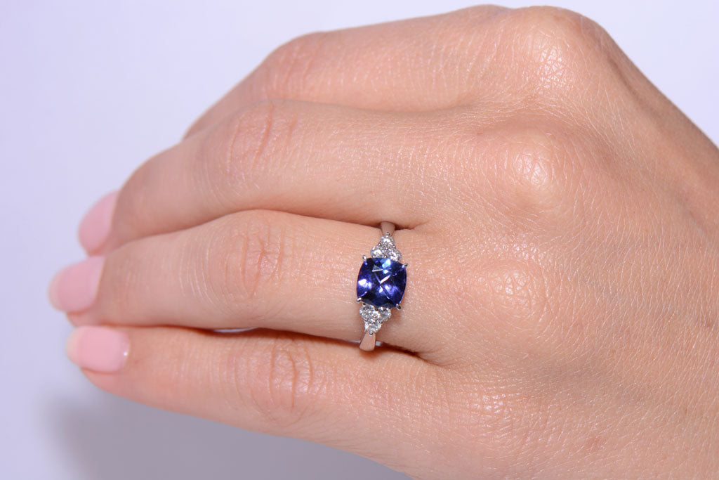 Cushion Cut Tanzanite and Diamond Trefoil ring