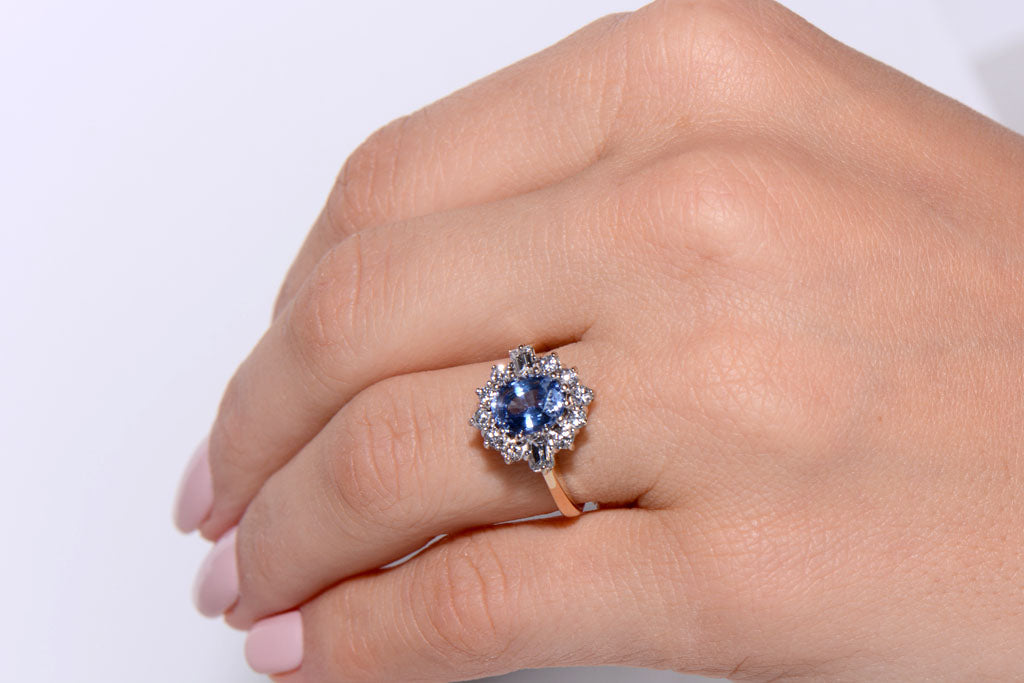 Cornflower blue Sapphire and Diamond cluster ring