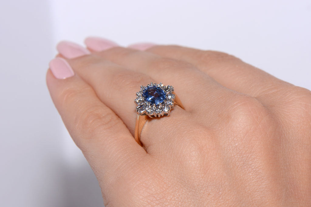 Cornflower blue Sapphire and Diamond cluster ring