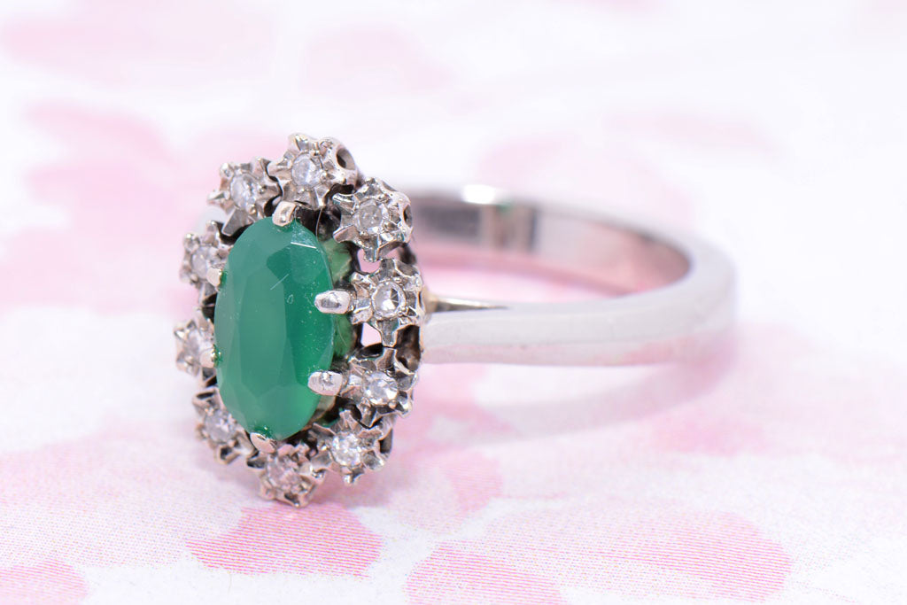 Chrysoprase and Diamond Oval Cluster ring