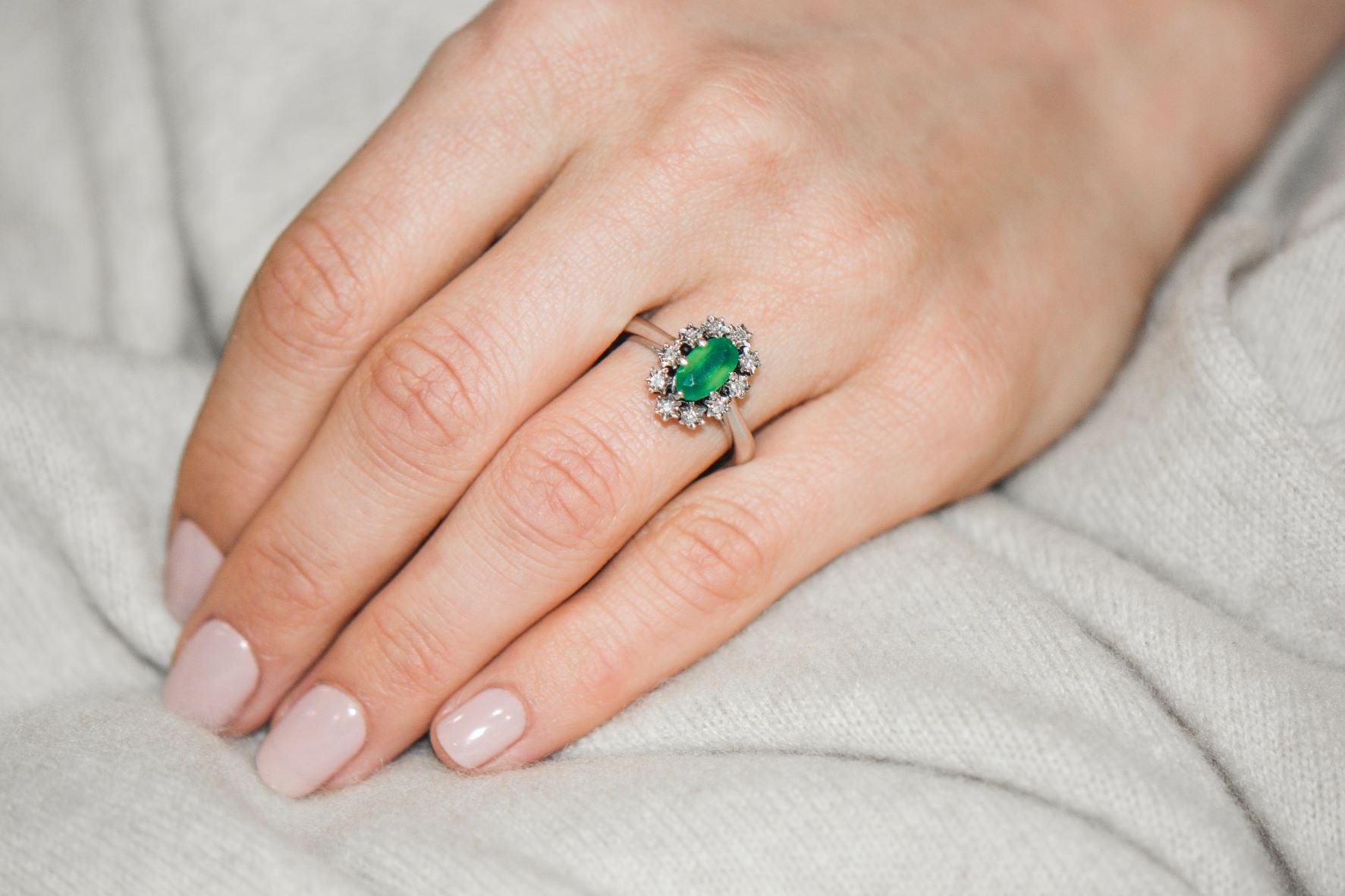 Chrysoprase and Diamond Oval Cluster ring