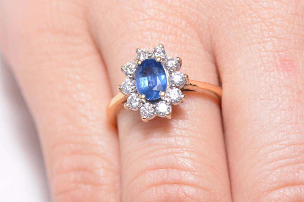 Sapphire and Diamond Oval Cluster ring