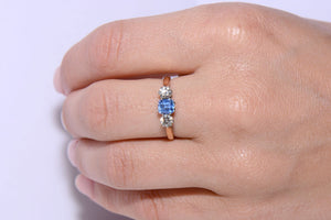 Vintage cornflower blue Sapphire and Diamond trilogy ring