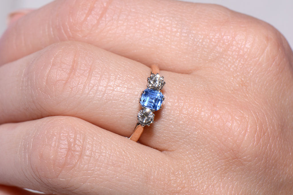 Vintage cornflower blue Sapphire and Diamond trilogy ring