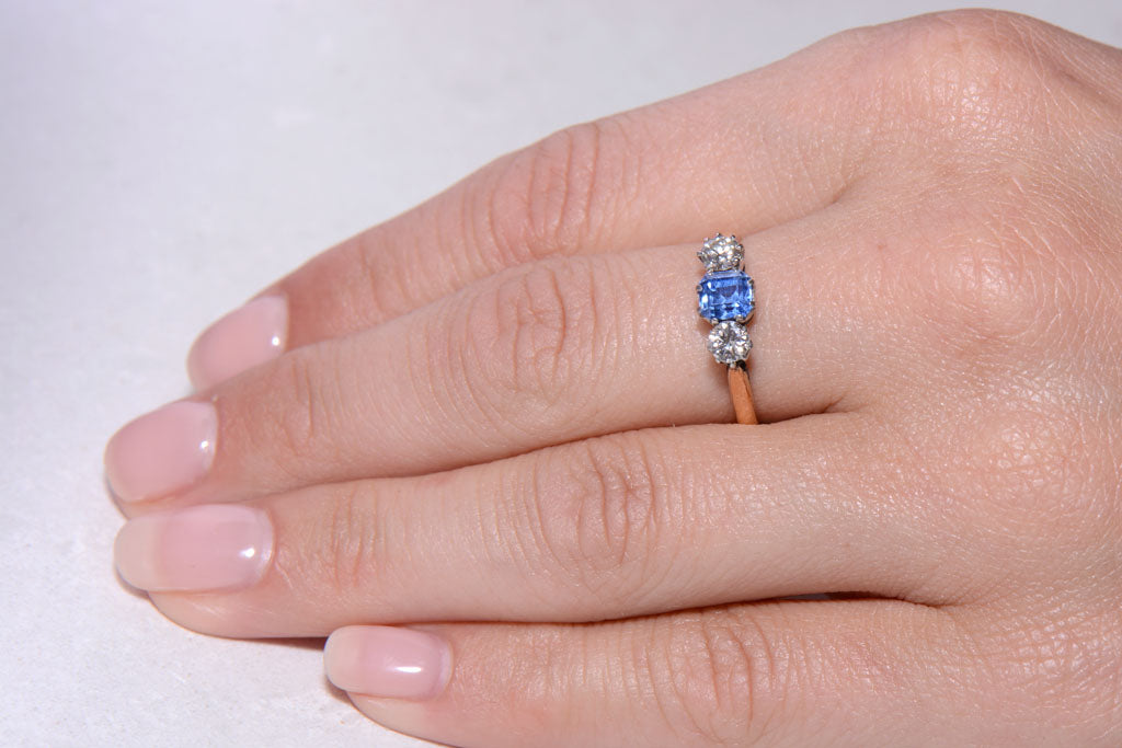 Vintage cornflower blue Sapphire and Diamond trilogy ring