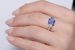 Emerald Cut Tanzanite and Diamond Trilogy Ring