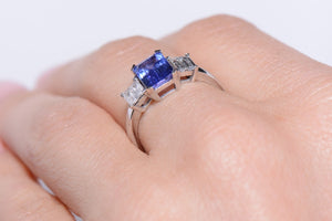 Emerald Cut Tanzanite and Diamond Trilogy Ring