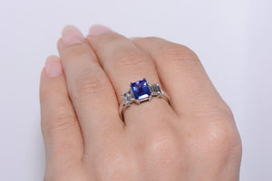 Emerald Cut Tanzanite and Diamond Trilogy Ring