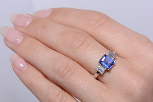 Emerald Cut Tanzanite and Diamond Trilogy Ring