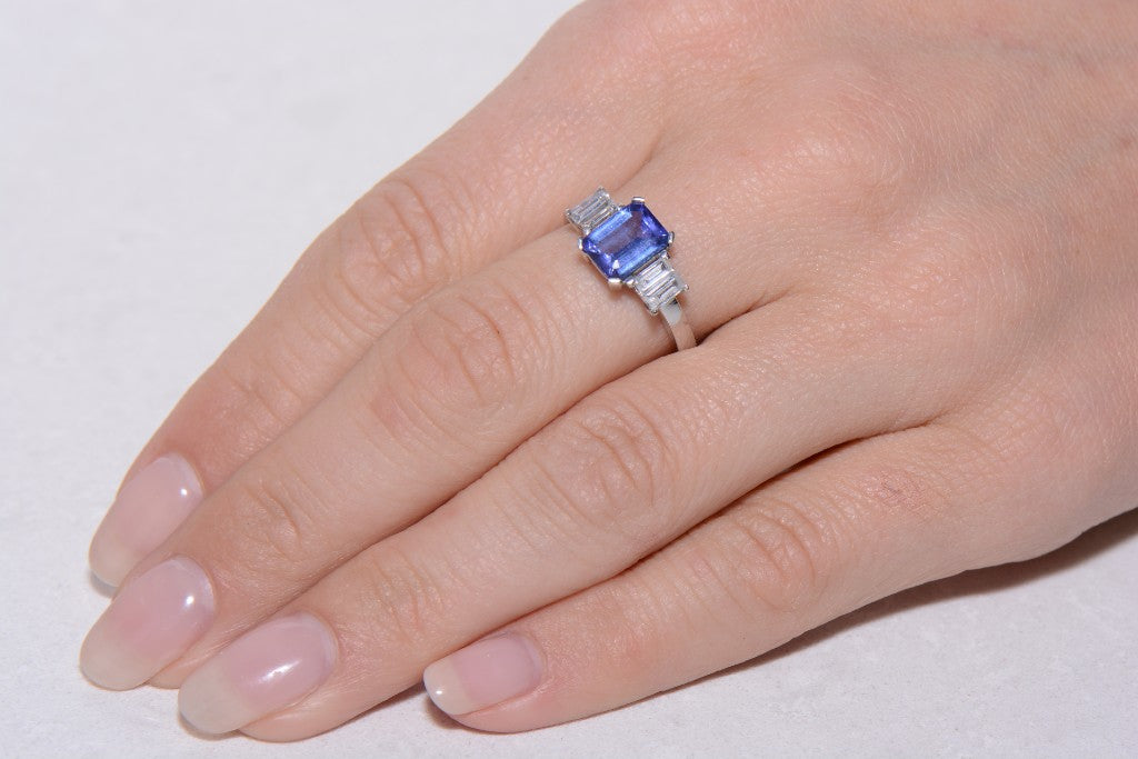 Emerald Cut Tanzanite and Diamond Trilogy Ring